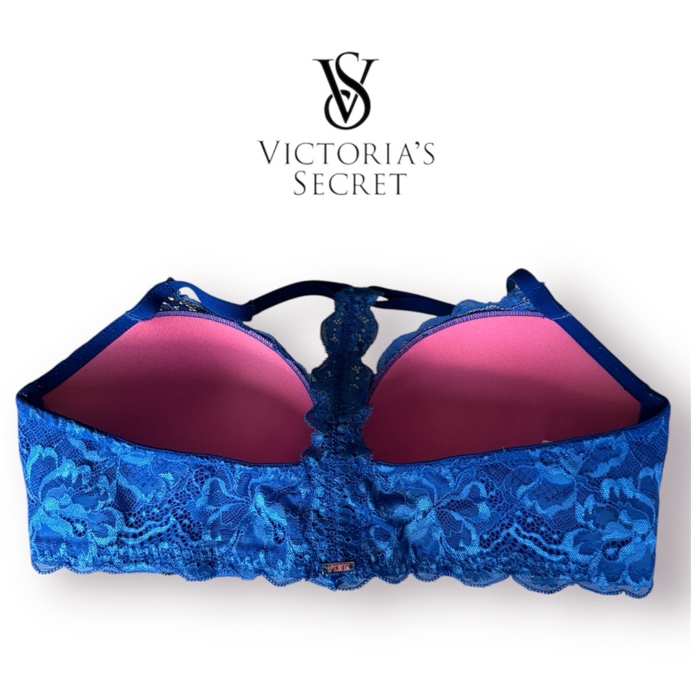 🛍️SALE🛍️PINK Victoria's Secret Royal Blue Lace Push-up Bra with Racerback Straps - Picture 3 of 9